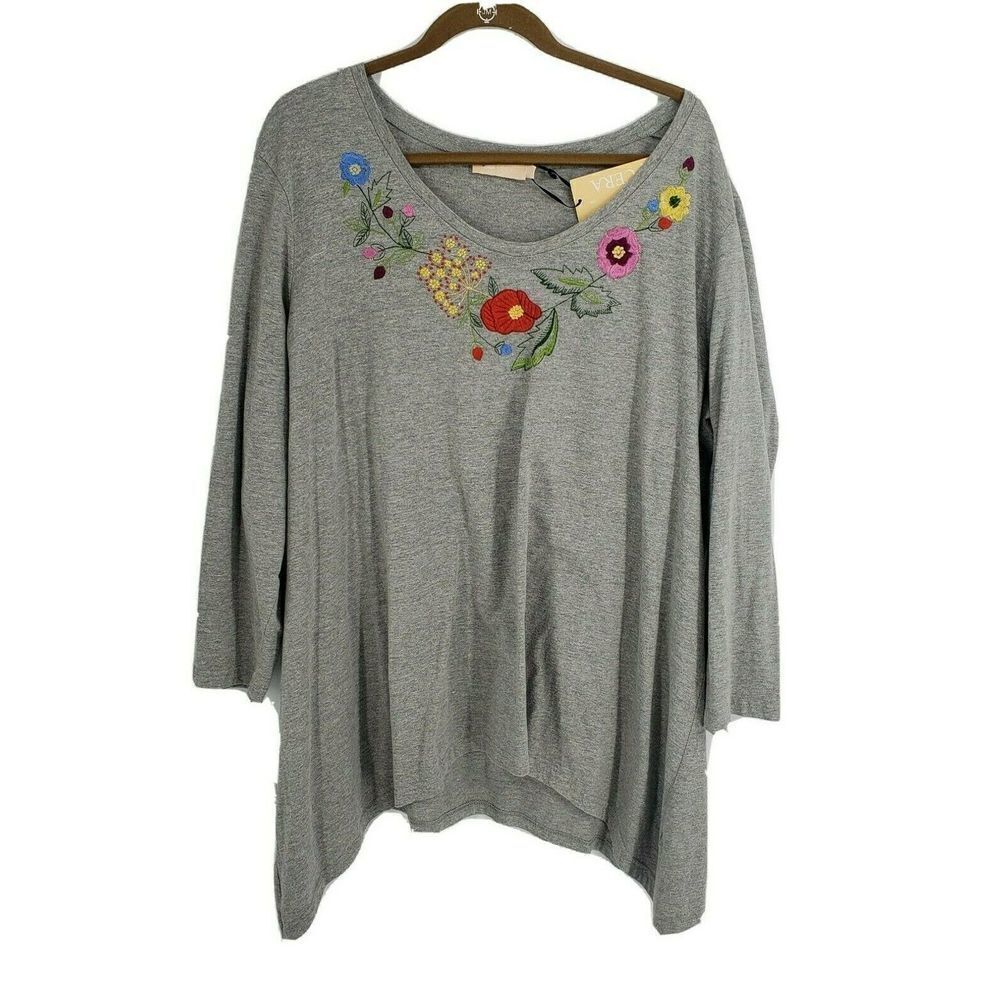 LA Cera Floral Embroidery Shirt Gray Long Sleeve - Picture 2 of 10